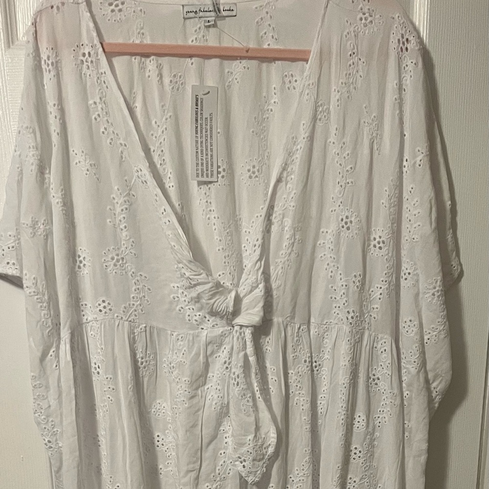 YOUNG FABULOUS & BROKE White Eyelet Swim Coverup Caftan sz L